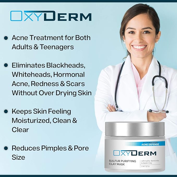 Sulfur Purifying Clay Mask- Deep Pore Cleansing Treatment. Clears Away Acne Blemishes, Clogged Pores, Scars, Oily Skin, Whitehead & Blackhead Pimples for Face & Body with Natural Healing.