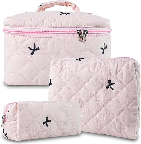 3Pcs Quilted Makeup Bag, Cute Floral Cotton Cosmetic Bag set, Coquette Bow Makeup Pouch Large Travel Toiletry Bag