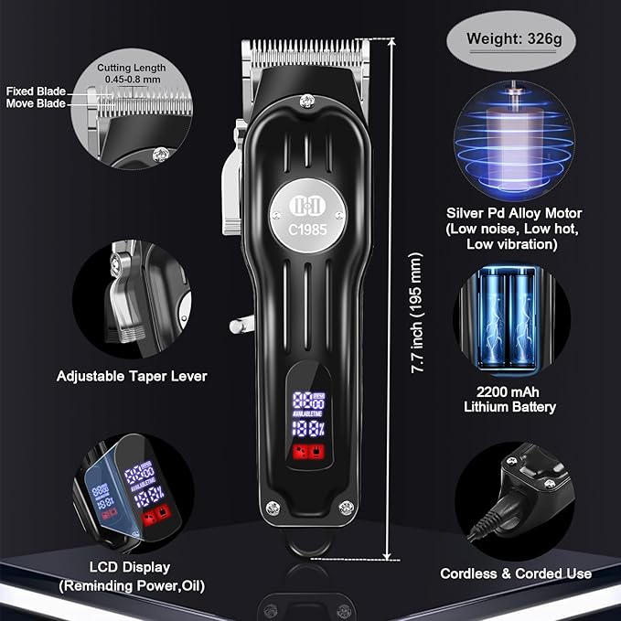 CIICII Hair Clippers for Men Professional, Cordless Barber Clippers for Hair Cutting (Rechargeable USB Adjustable Mens Hair Trimmer with 8 Metal Guards, 13Pcs Grooming Haircut Kit) for DIY Home Salon