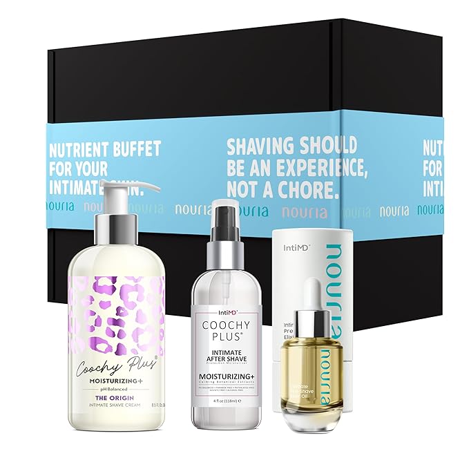 IntiMD Coochy Plus HydroLock Moisturizing + 3-Steps Kit Intimate Shave Gift Set: Nouria Pre-Shave Elixir Oil + Coochy Plus Shave Cream The Origin + Coochy Plus After Shave Protection Mist