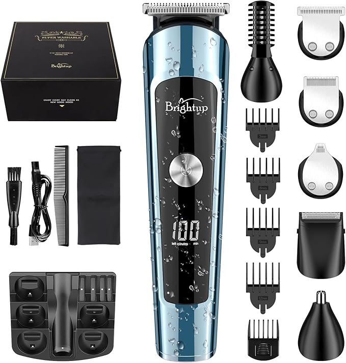 Brightup Beard Trimmer for Men, IPX7 Waterproof Mens Grooming Kit with Cordless Hair Clippers, Electric Razor with LED Display, Shavers for Mustache, Body, Face, Ear, Nose Hair Trimmer, Gifts for Men