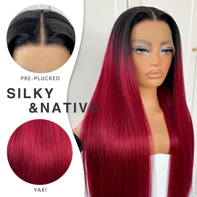 1b/99j Burgundy Ombre Lace Front Wig Pre-plucked Red Glueless Synthetic HD Cosplay Wig Wear And Go Long Straight Lace Front Wigs for Black White Women