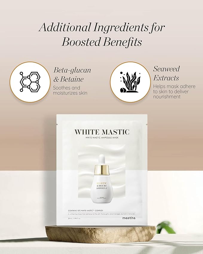 MASTINA White Mastic Ampoule Sheet Mask (4pc) Illuminating, Radiance-Boosting. Ultra-Moisturizing Facial Mask. Intensive Korean Skin Care. Fermented Mastic Gum