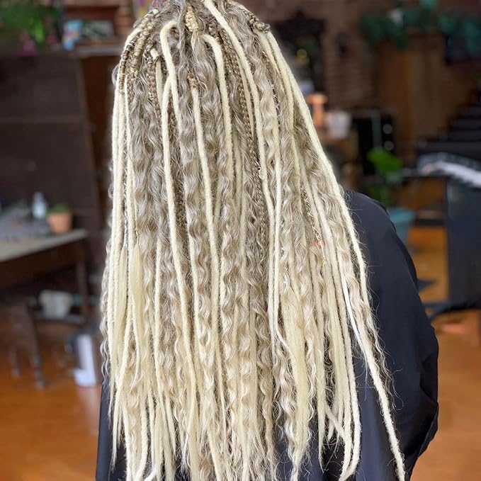 24 Inch 30 Strands SE Dreadlock Extensions Sets，3 In 1 Mixed Synthetic Dreads Extensions, 613 Blonde Straight&Curly&Boho Handmade Dreads Hippie Style Dreadlocks for Woman