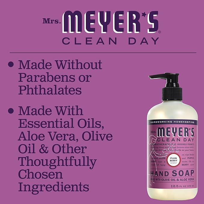 MRS. MEYER'S CLEAN DAY Liquid Hand Soap, Cruelty Free and Biodegradable Hand Wash Formula Made with Essential Oils, Plum Berry Scent, 12.5 oz - Pack of 6
