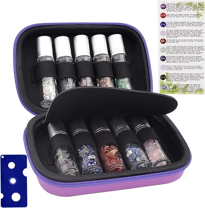 Essential Oil Roller Bottle EVA Carrying Travel Case and 10pcs Essential Oil Gemstone Roller Ball Bottles Glass Inside 10ml Healing Crystal Chips W3475