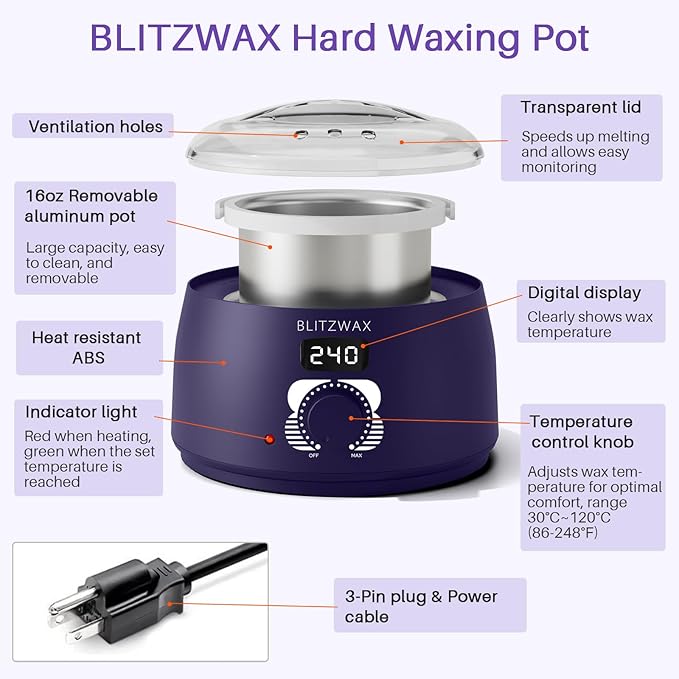 BLITZWAX Brazilian and Bikini Waxing Pot for Men, Hard Wax Warmer for Face, Legs, and Body, At Home Hair Removal Kit, Beginner Friendly, Quick Heating, Precise Temperature Control