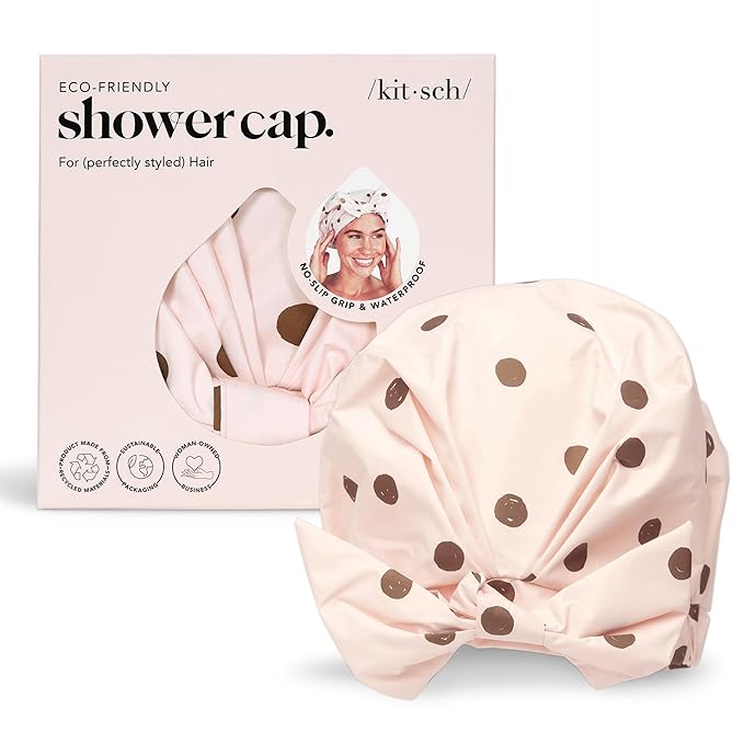 Kitsch Luxury Shower Caps for Women Reusable Waterproof - Large Shower Cap for Women, Non-slip, Quick-dry Hair Cap for Long and Short Hair, Comfortable and Stylish Design - Blush Dot