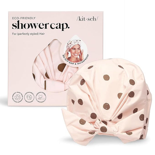 Kitsch Luxury Shower Caps for Women Reusable Waterproof - Large Shower Cap for Women, Non-slip, Quick-dry Hair Cap for Long and Short Hair, Comfortable and Stylish Design - Blush Dot