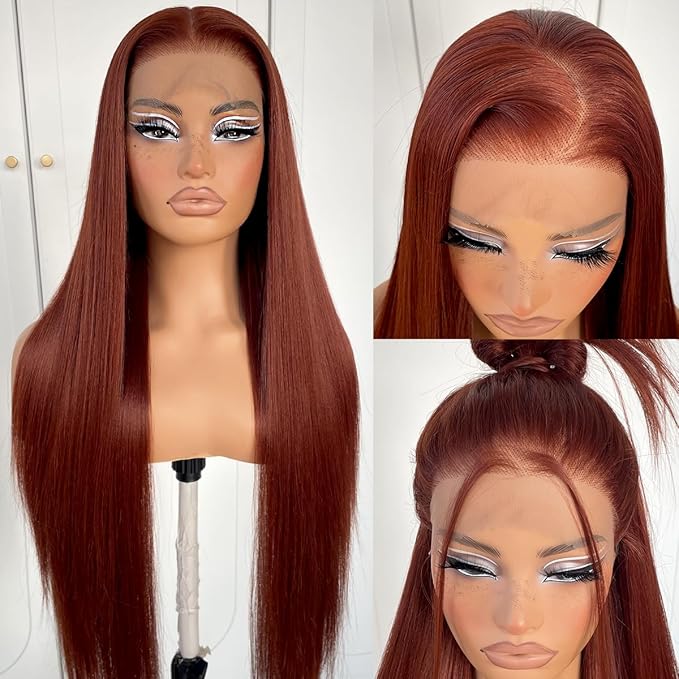 13x6 Reddish Brown Lace Front Wig Pre-Plucked Glueless Straight HD Lace Front Wig Synthetic Red Brown Long Straight Lace Front Wig 32inch
