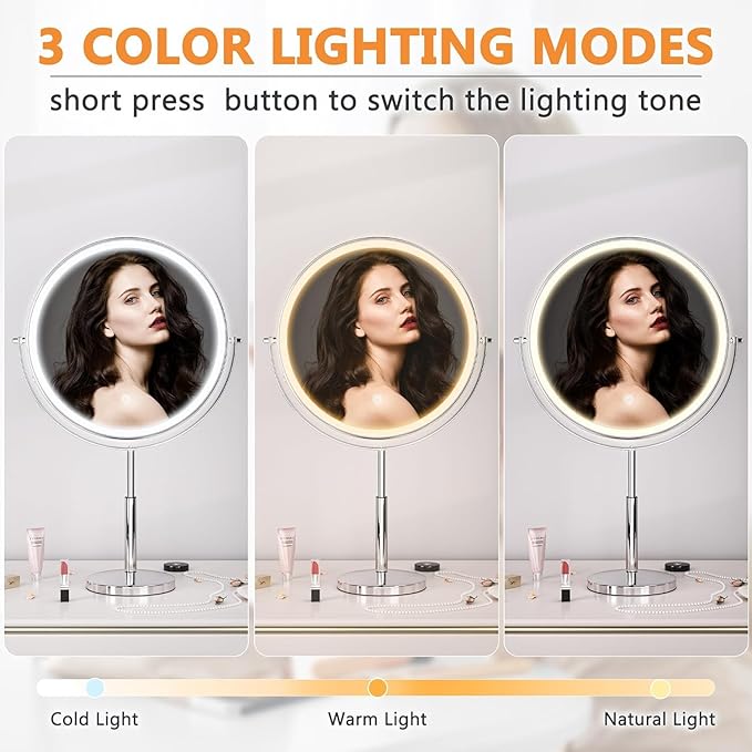 Hasipu 10-inch Lighted Makeup Mirror with Magnification, Rechargeable 3000 mAh Vanity Mirror with Lights, Desk Mirror with Dimmable Brightness, 3 Lighting Modes, Height Adjustment, Nickel