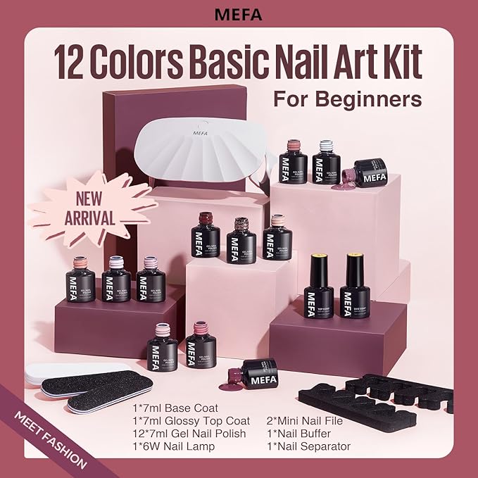 MEFA 19 Pcs Gel Nail Polish Kit with U V Light, 12 Colors Gel Nail Polish Set with Base Top Coat Burgundy Red Champagne Gold Gel Soak Off Purple Manicure Tools Beginners Salon Art DIY for Women
