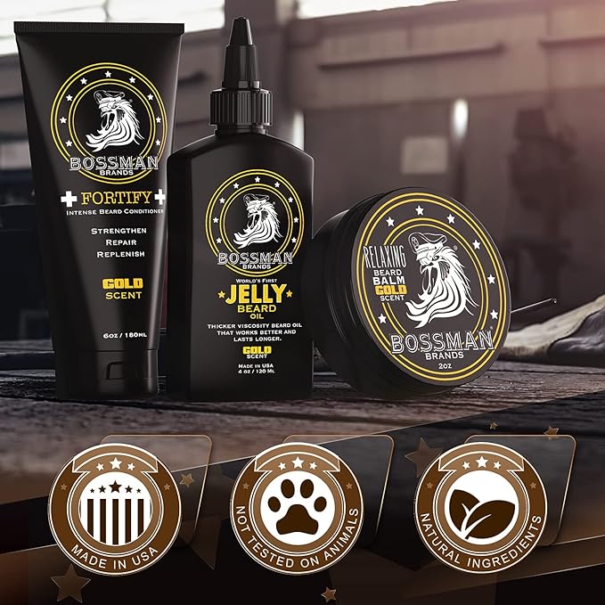 Bossman Essentials Beard Kit for Men - Beard Oil Jelly, Fortifying Conditioner Cream, Beard Balm - Grooming Growth Care Accessories (Gold)