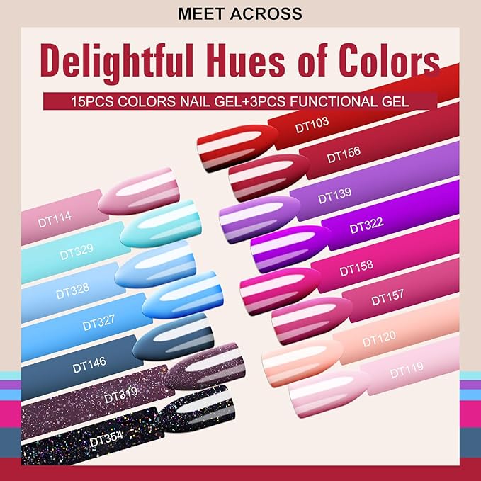 MEET ACROSS Gel Nail Polish Set 18Pcs Nude Gel Polish Set 15 Colors Red Pink Purple Sky Blue Nail Polish Kit Soak Off Nail Set Gifts for Women