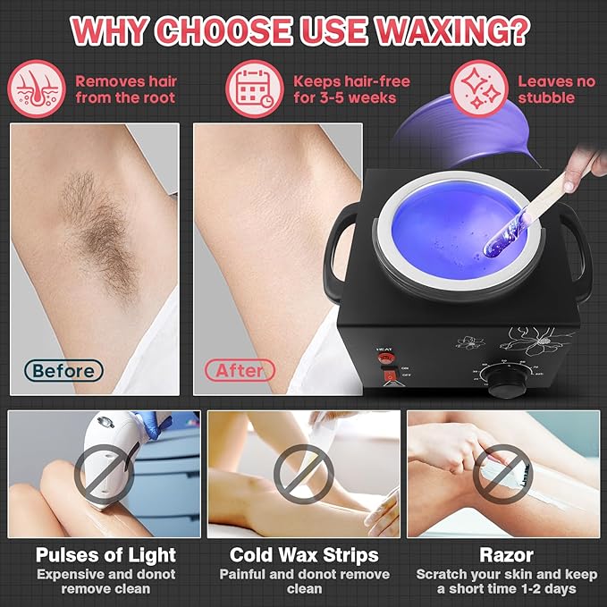 600ML Wax Warmer Machine for Hair Removal - Professional Electric Wax Heater with Adjustable Temperature, Silicone Bowl, and 20 Wooden Wax Sticks for Women and Men