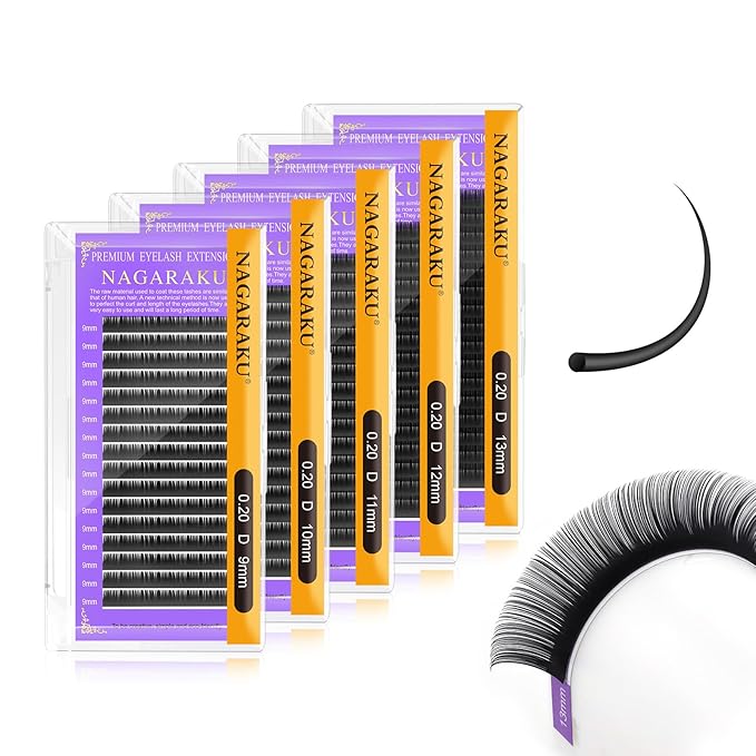 NAGARAKU 5 Trays Eyelash Extensions Individual Lashes 0.20mm D curl 9/10/11/12/13mm in 1 pack Classic Matte Black Natural Professional Faux Mink 16 rows
