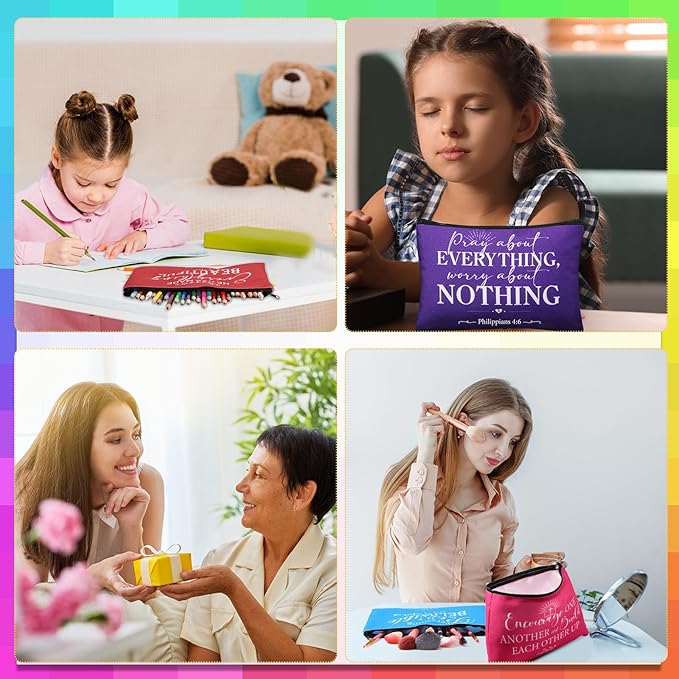 24 Pcs Christian Makeup Bag Bible Cosmetic Bags Inspirational Bible Verse Toiletry Pouches Canvas Motivational Pouches with Zipper for Women Organize Cosmetics Toiletries Stationery(Colorful)