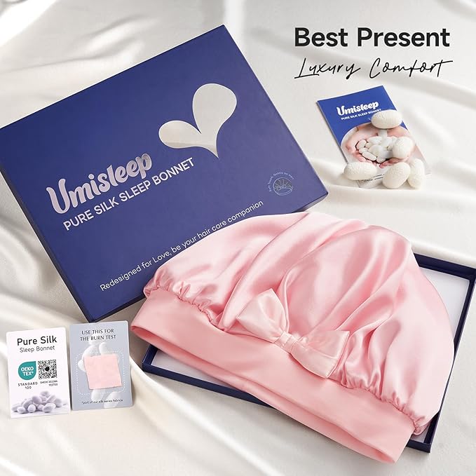 Umisleep Large Silk Bonnet for Sleeping Women, 100% Double Layer 22 Momme Mulberry Silk, Non Slip Hair Bonnet with Adjustable Band for Curly Long Hair, Pink