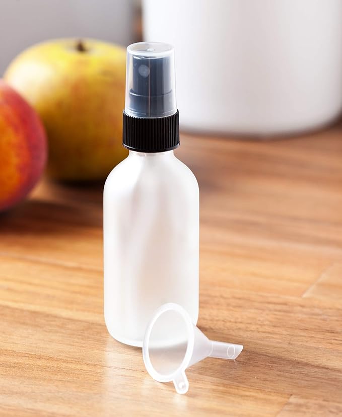 JUVITUS 2 oz Frosted Clear Glass Boston Round Bottle with Black Mist Spray (12 Pack) for Cosmetics, serums, Carrier and Essential Oils, Aromatherapy