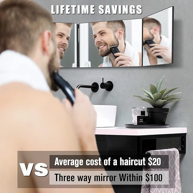 3 Way Mirror with 10X Magnifying Mirror, 360 Trifold Barber Mirror for Self Cutting and Braiding Hair, 3 Sided Mirror with Adjustable Hooks, Portable Makeup Mirror to see back of head