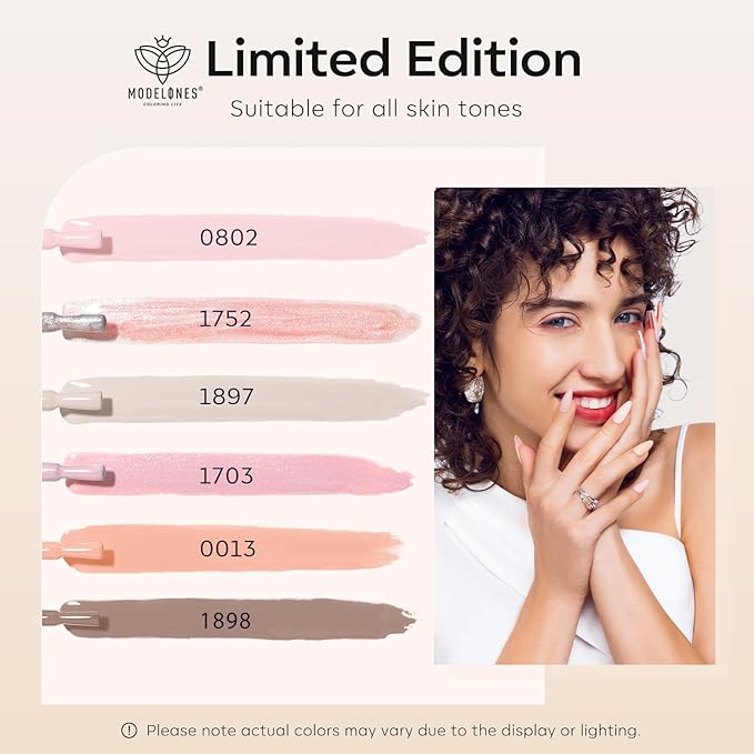modelones Gel Nail Polish Set, 6 Colors Neutral Nude Gel Polish Skin Tone Cashmere Pink Glitter Nail Polish Bubble Bath Collection Starter Kit Soak Off All Season Soapnails Manicure DIY Salon Gift