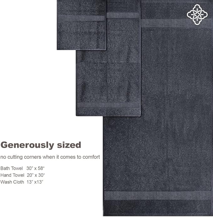 BIOWEAVES 100% Organic Cotton 700 GSM Plush 6-Piece Towel Set GOTS Certified, 2 Bath Towels, 2 Hand Towels & 2 Washcloths - Charcoal