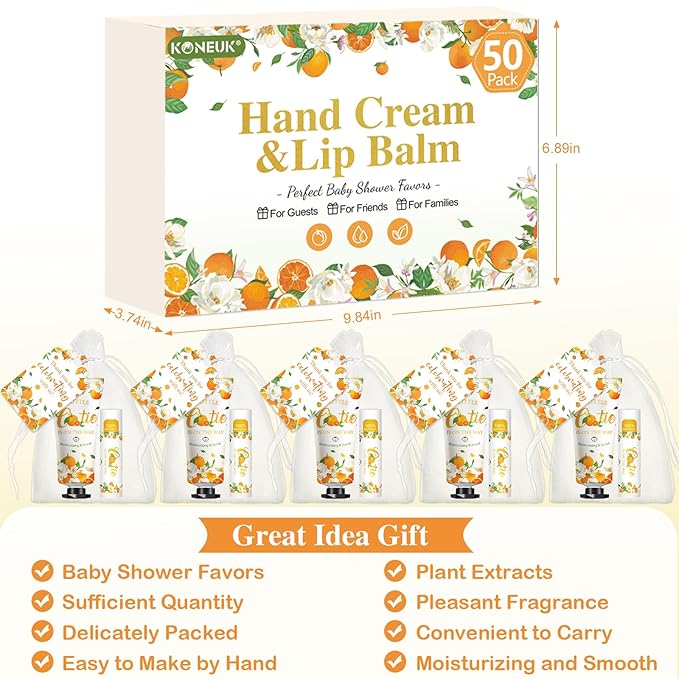 50 Pack Bulk Hand Cream and Bulk Lip Balm Gifts Sets, Bridal Shower Favors and Baby Shower Favors for Guests with Thank You Card and Organza Gift Bags, Appreciation Gifts, Baby Shower Prizes (Orange)