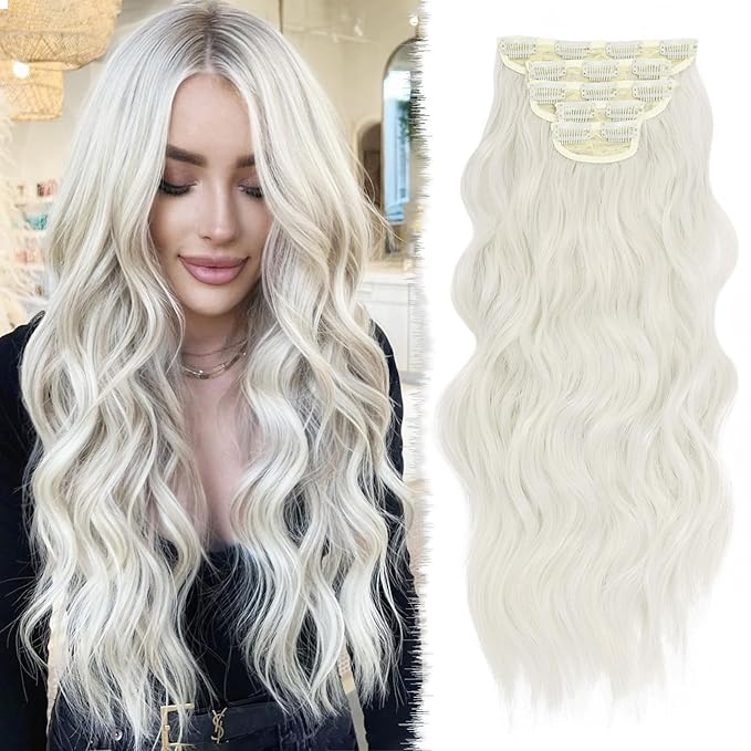 Clip in Hair Extensions for Women 20 Inch 5Pcs Long Wavy Curly Platinum Blonde Hair Extensions Clip ins Full Head Synthetic Hair Extension for Women