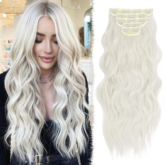 Clip in Hair Extensions for Women 20 Inch 5Pcs Long Wavy Curly Platinum Blonde Hair Extensions Clip ins Full Head Synthetic Hair Extension for Women