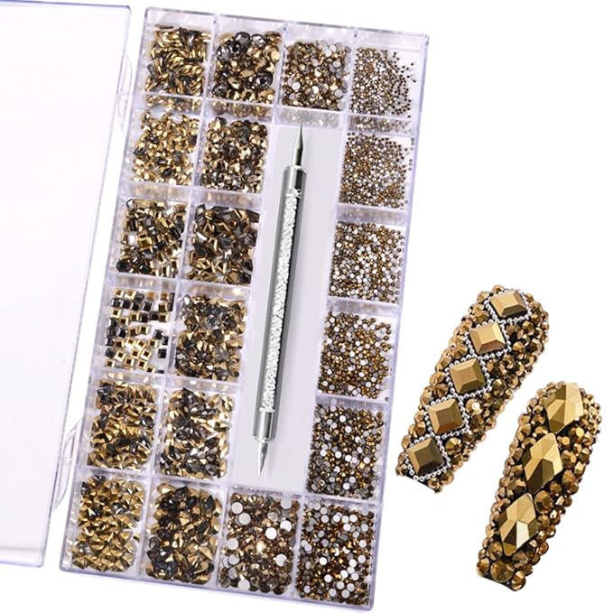 3100Pcs Nail Crystal Rhinestones Kit, Mix Shapes AB Glass, 3D Diamonds Flatback Crystals, with a Drill Pen, Nail Crystal Non Hotfix, Nail Art Decoration(Mineral Gold)