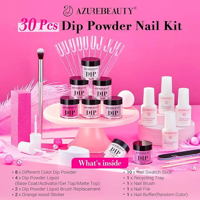 AZUREBEAUTY Dip Powder Nail Starter Kit with Matte Coat, 8 Hot Pink Glitter Neon Summer Color, Dipping Powder Liquid Set with Base/Top Coat/ Activator/10 Nail Sticks Salon at Home