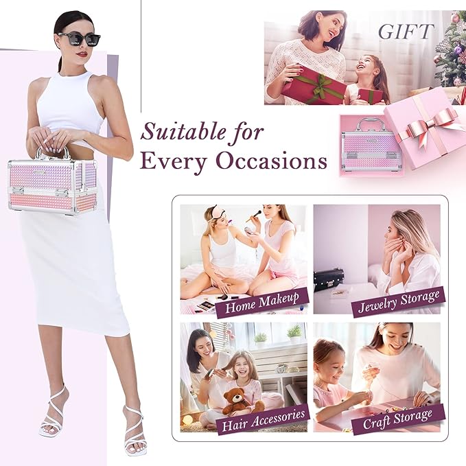 FRENESSA Makeup Box Organizer Portable Cosmetic Train Case Travel Makeup Case with Mirror Locking Make Up Cases Organizers and Storage for Artist Nail Supplies Hard Cosmetic Box Pink