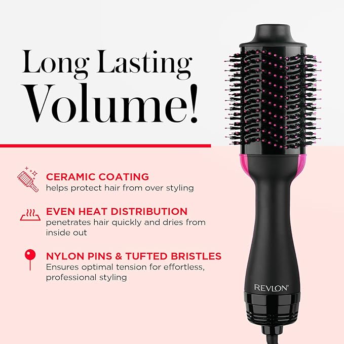 REVLON One-Step Volumizer Hair Dryer and Styler, Improved Motor for Less Frizz, More Shine, and Reduced Heat Damage for Salon Style Round Brush for Blowout, Black (Amazon Exclusive)