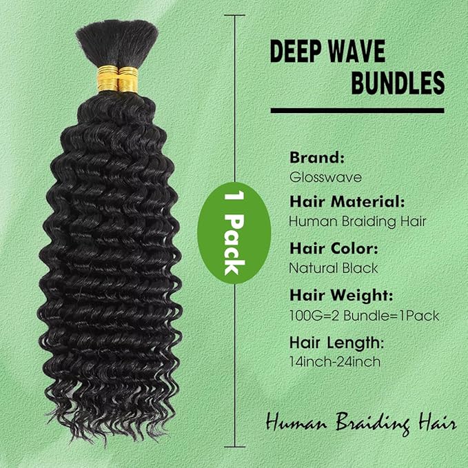 Human Braiding Hair 2 Bundles 100g 16 Inch Deep Wave Bulk Human Hair for Braid No Weft Curly Hair Bulk Curly for Boho Braids 12A Brazilian Virgin Extensions Natural Color