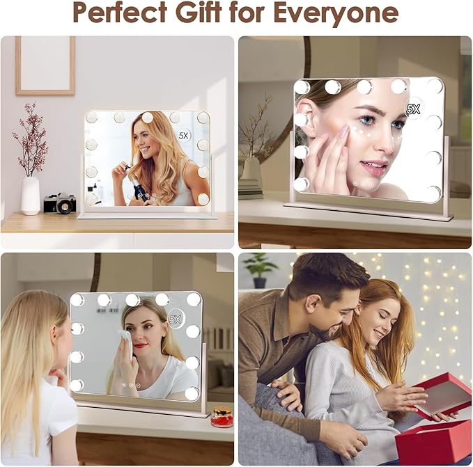 360° Vanity Mirror with Lights 11 Led Bulbs Hollywood Lighted Makeup Mirror with 5X Magnification Mirror Hollywood Cosmetic Mirror Tabletop Makeup Mirror with 3 Lighting Modes 16x13 Inch