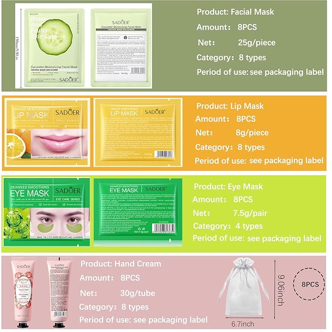 48 Pcs Spa Party Supplies, Facial Masks,Under Eye Patches,Hand Cream, Lip mask,Headband and Organza Bags, Spa Party Favors, Home Spa Sleepover Set for All Skin Type,Gift for Women Mothers Day Gift