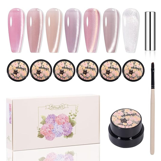 Adhere 7Pcs 5G Ultrafine Magnetic Water Light Sensation Colorful Light Cat Eye Gel Nail Polish, Transparent Light Pink Colored Glass Bead Cat Eye with Magnet Brush