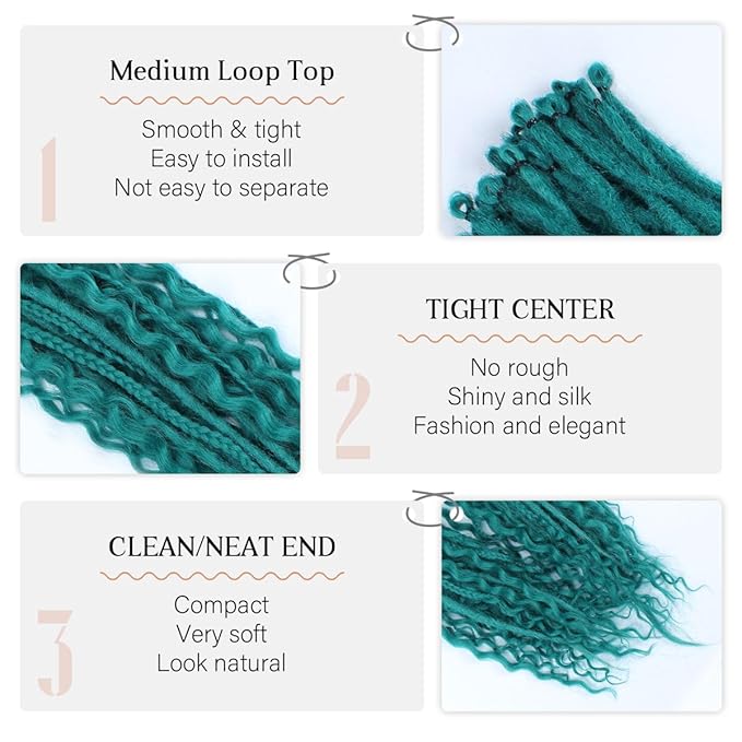 24 Inch 30 Strands SE Dreadlock Extensions Sets，3 In 1 Mixed Synthetic Dreads Extensions, Castleton Green Straight&Curly&Boho Handmade Dreads Hippie Style Dreadlocks for Woman