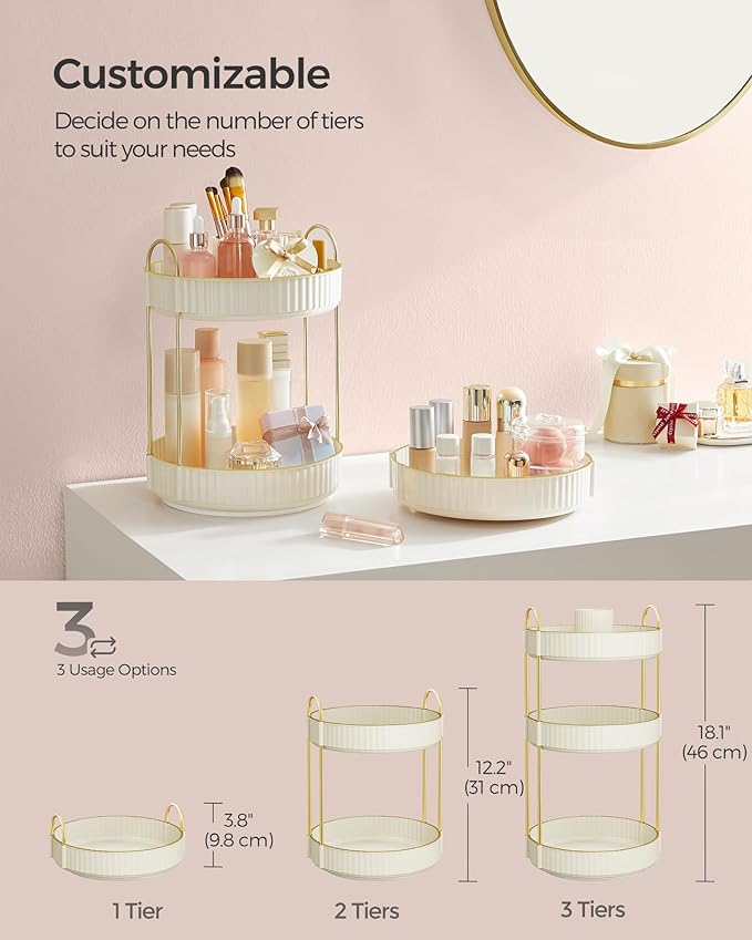 SONGMICS Makeup Organizer, 3-Tier Round Rotating Skincare Organizer Countertop, Customizable, Toiletries Vanity Organizer, Lazy Susan, Gift for Mom, Cloud White UJKA011W01