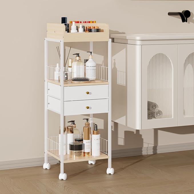 Makeup Organizer Cart Shelf Floor Skincare Organizers Make Up and Station Storage Cabinet For Vanity Standing Cosmetics With Drawers and Wheels For Nail Polish Perfume Hair Tool Holder Beauty(White)