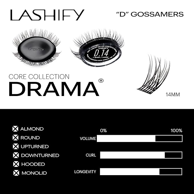 Lashify Drama 14mm Gossamer Eyelash Extensions Refill, Black, Easy DIY False Lashes for a Natural Look