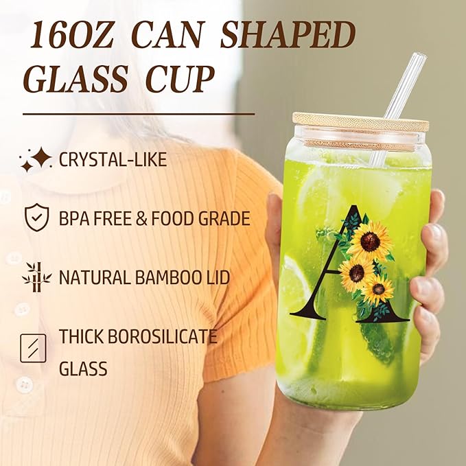 Personalized Canvas Tote Bag & Makeup Bag & Glass Cup - Monogrammed Sunflower Birthday Gifts for Mom, Sister, Best Friends - Initial Monogram Options