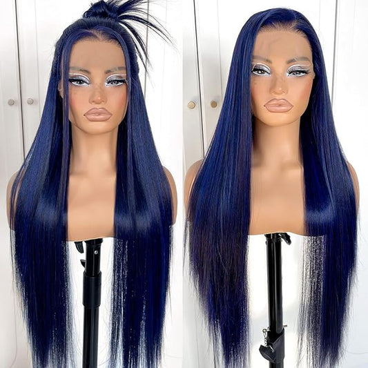 13x6 Dark Blue Straight HD Lace Front Wig Pre-Plucked Glueless Long Straight Blue Lace Front Wigs Synthetic Wear and Go Lace Front Wigs