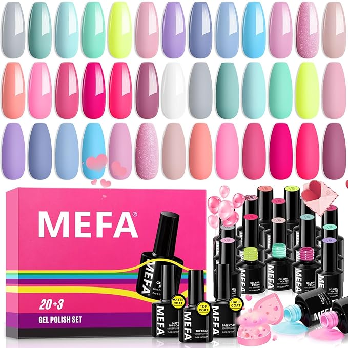 MEFA Gel Nail Polish Set, 23 Pcs Pastel Hot Pink Sage Green Blue Bright Spring Colors Gel Polish Set Macaron Colors Soak Off Nail Polish Nails Art for Women Girl DIY Salon Home Manicure Decoration