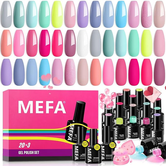 MEFA Gel Nail Polish Set, 23 Pcs Pastel Hot Pink Sage Green Blue Bright Spring Colors Gel Polish Set Macaron Colors Soak Off Nail Polish Nails Art for Women Girl DIY Salon Home Manicure Decoration