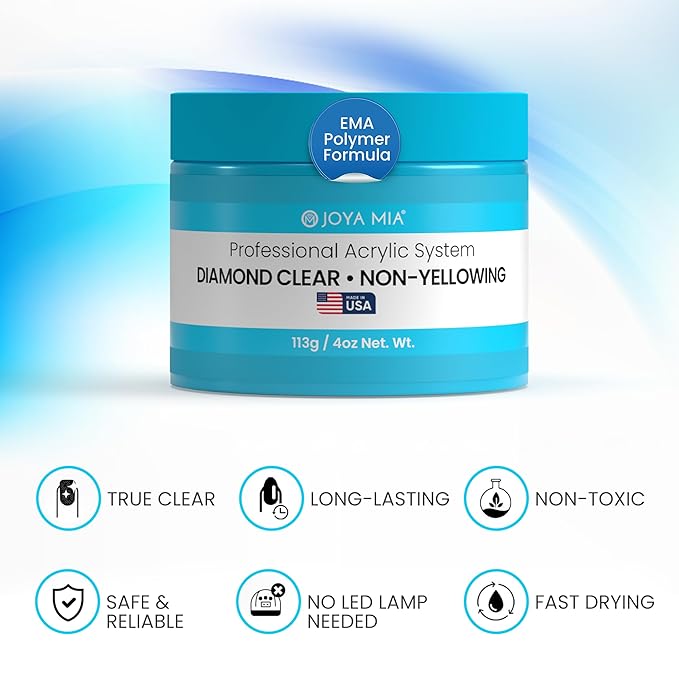 Joya Mia Acrylic Powder for Nails, MMA-Free, Super Adhesion Professional Powder for Flawless & Long-Lasting Nail Enhancements, Easy Application, Vibrant & Stunning Colors - Diamond Clear, 4 oz