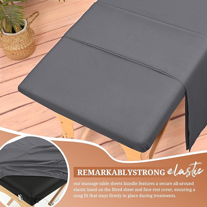 18Pcs 6 Sets Massage Table Sheets Set 3 Piece Set Includes Massage Bed Sheets, Massage Bed Cover Massage Face Rest Cover, Spa Bed Cover Massage Sheets Sets for Beauty Salon and Home Spa (Dark Grey)