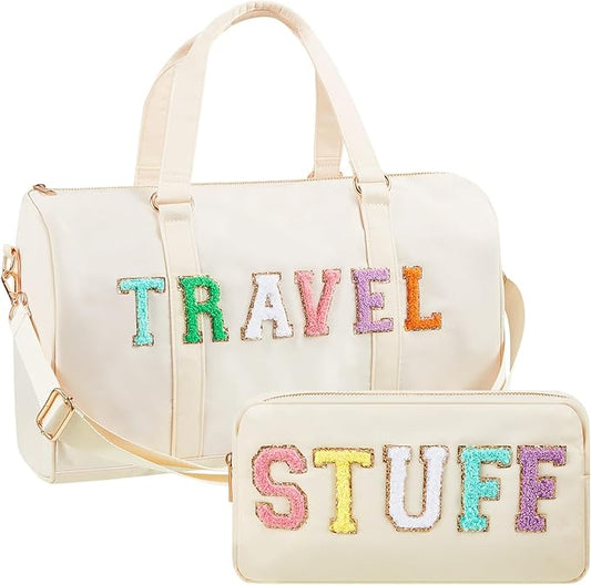 2 Pcs Preppy Chenille Letter Duffle Bag and Makeup Pouch, Travel Tote Bag Cosmetic Zipper Patch Makeup Bag (Nude)