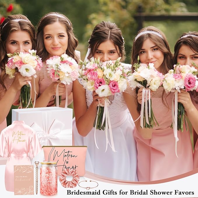 Irenare 8 Pcs Proposal Gifts Set Robes Makeup Bag Cup Cards Hair Tie Bracelet Diamond Pen Bridesmaid Gift Box(Pink,Matron of Honor)