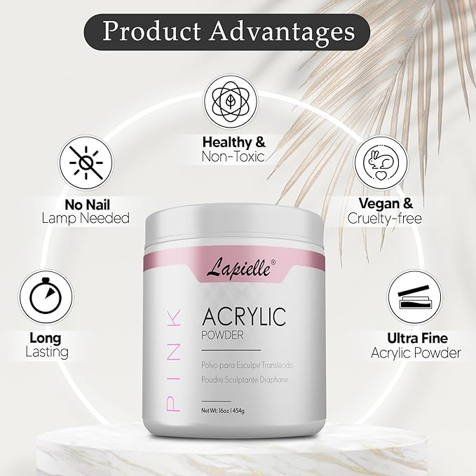 Professional Acrylic Powder for Nail Art. Long-lasting, Large capacity and quick dry. Quality Salon Manicure Nail extension (16oz - 1lb - 454g) PINK